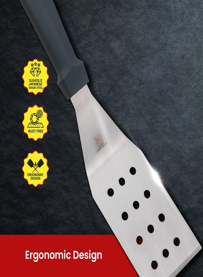 HS WORLD OF HORECA ESSENTIALS HS 12 Inch Professional Kitchen Square Edge Turner | Medium Handle | Heavy Duty Metal Spatula with Beveled Edges | SUS420J2 Stainless Steel for Grills, Skillets, Burgers - Image 3